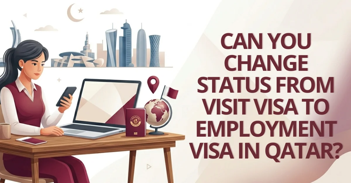 Woman on laptop researching how to change visit visa to employment visa in Qatar, purple Qatari-themed graphic