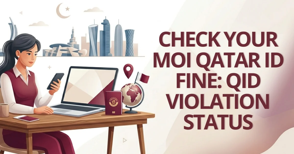 Woman on laptop checking her Qatar ID fine status, purple Qatari-themed graphic with Metrash2 and traffic violation icons