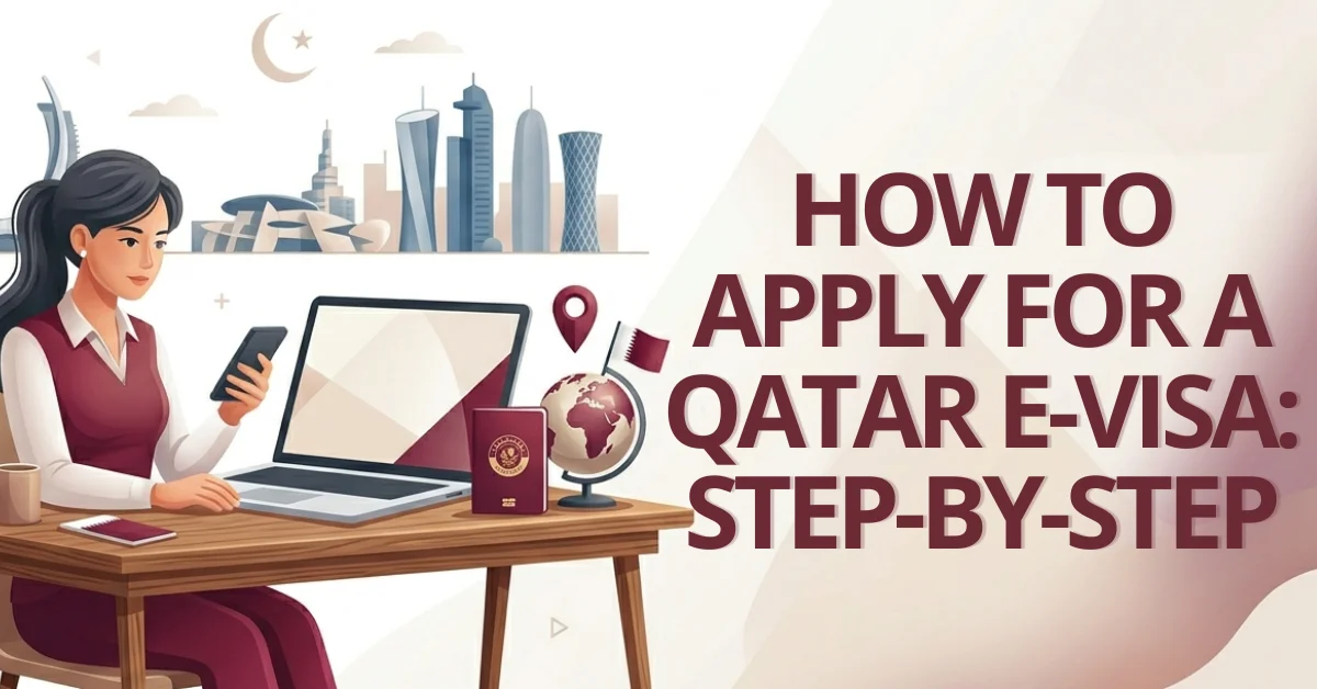 Woman applying for Qatar e-visa online on laptop with purple Qatari-themed graphics and Hayya platform icons