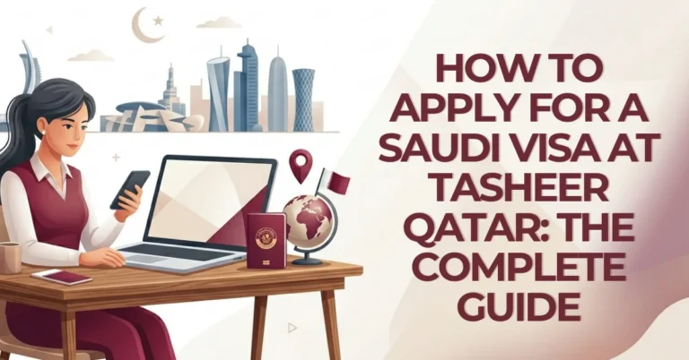 Woman working on laptop applying for Saudi visa through Tasheer Qatar, purple Qatari-themed graphics with e-Visa and QID icons