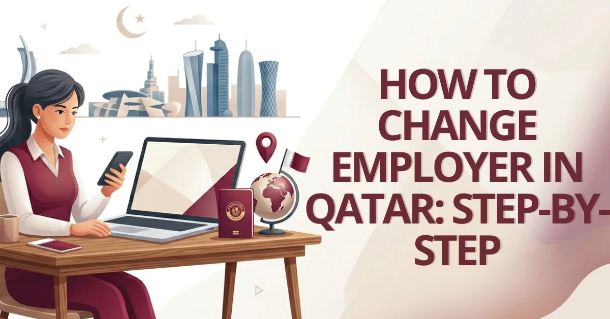 Woman working on laptop researching how to change employer in Qatar 2026, purple Qatari-themed graphic with Ministry of Labour icons