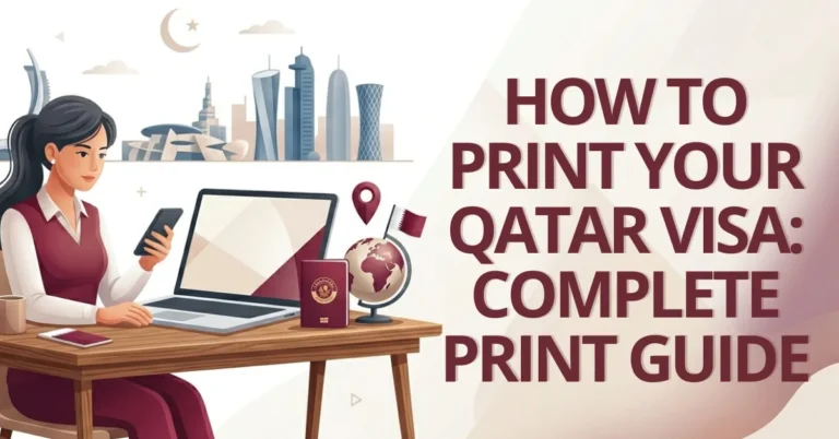 Woman printing Qatar visa document on laptop with purple Qatari-themed graphics and MOI Hayya icons