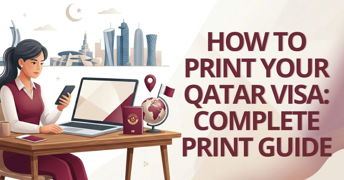 Woman printing Qatar visa document on laptop with purple Qatari-themed graphics and MOI Hayya icons