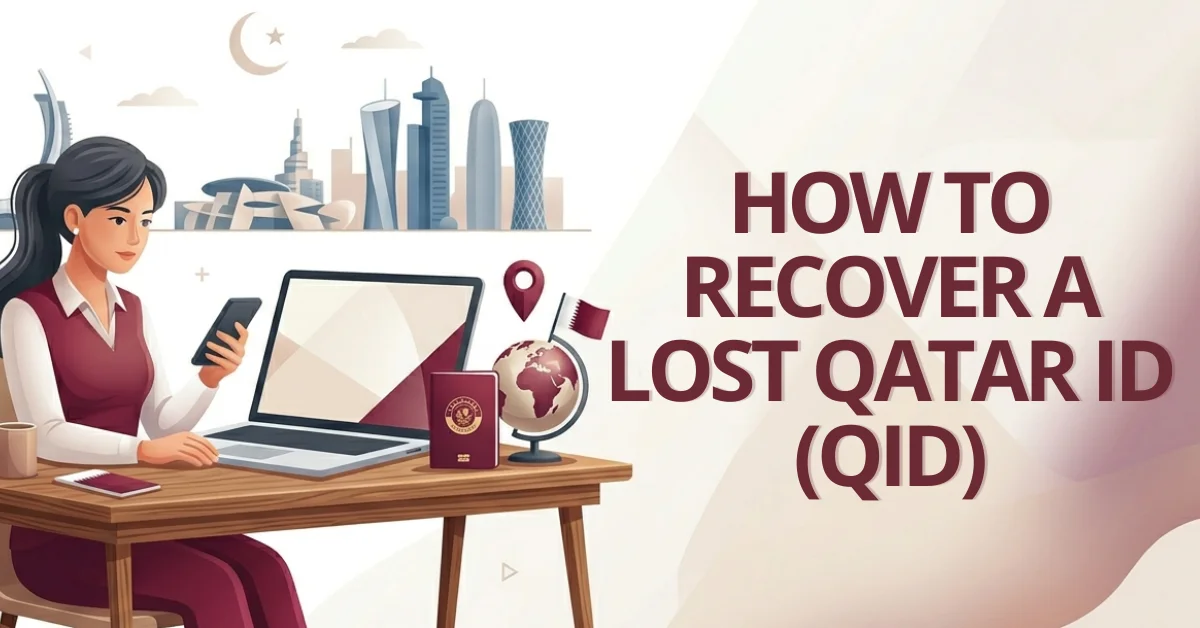 Woman on laptop reporting a lost Qatar ID online, purple Qatari-themed graphic with Metrash2 and QID icons