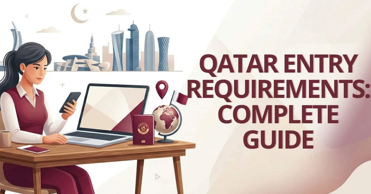 Woman on laptop reviewing Qatar entry requirements 2026, purple Qatari-themed graphic with Hayya e-visa icons