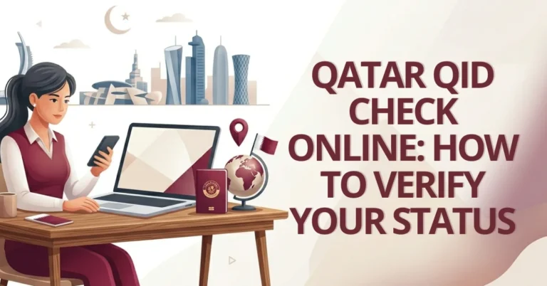 Woman working on laptop checking Qatar QID status online, purple graphic theme inspired by the Qatari flag, MOI portal and Metrash app illustration