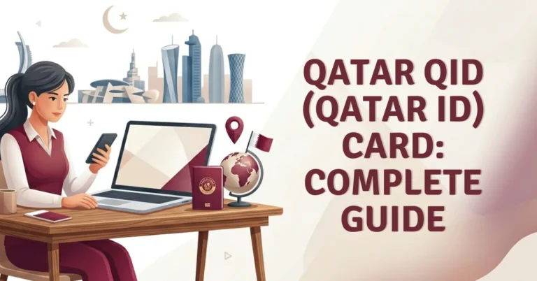 Woman working on laptop checking Qatar ID QID renewal status, purple graphic theme inspired by the Qatari flag, Metrash2 and MOI residence permit illustration