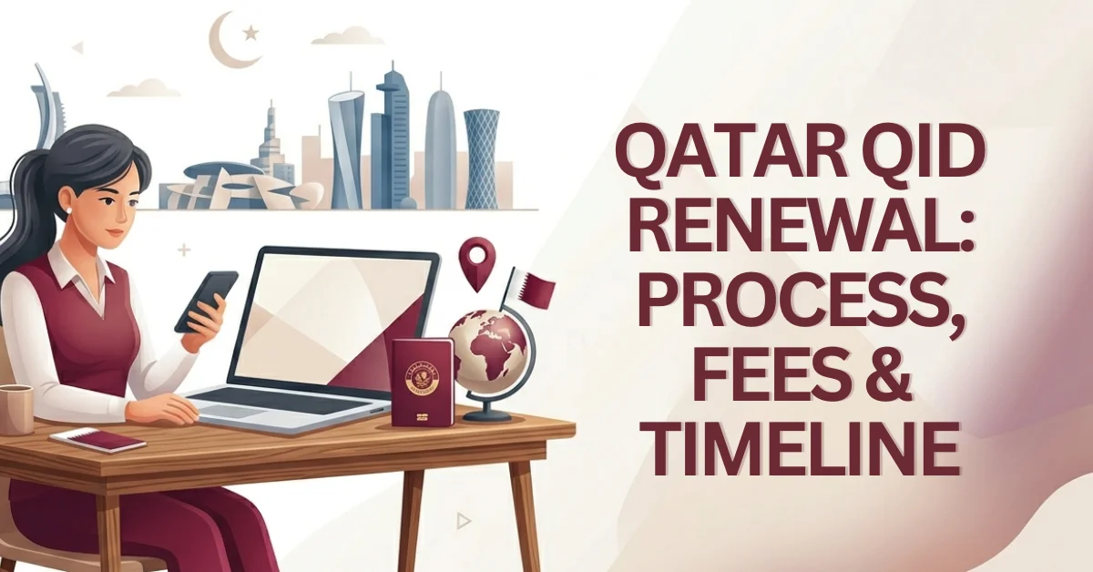 Woman working on laptop reviewing Qatar QID renewal process, purple graphic theme inspired by the Qatari flag, Metrash2 and MOI residency renewal illustration