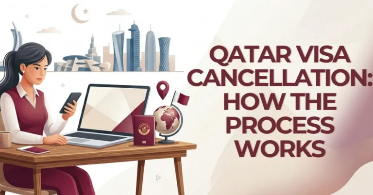 Woman working on laptop reviewing Qatar visa cancellation process, purple Qatari-themed graphics with MOI and Metrash2 icons