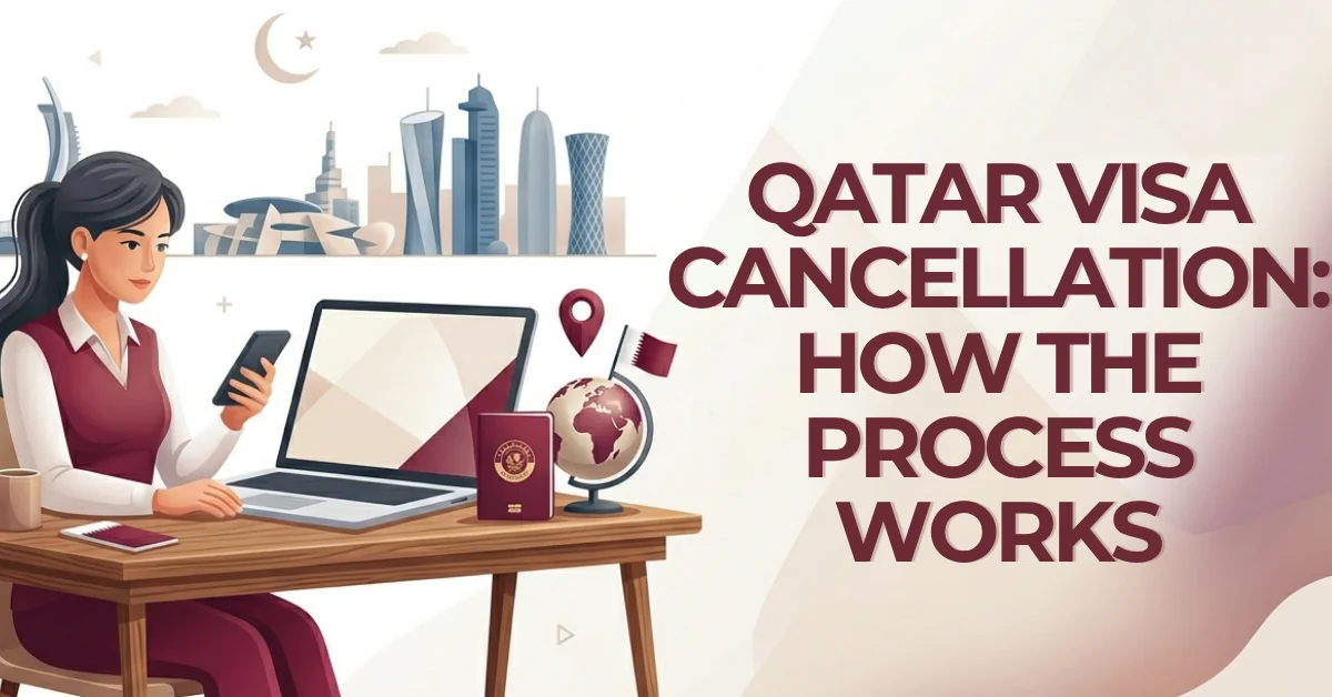 Woman working on laptop reviewing Qatar visa cancellation process, purple Qatari-themed graphics with MOI and Metrash2 icons