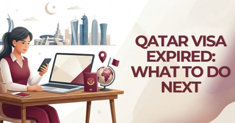 Woman working on laptop checking expired Qatar visa status, purple Qatari-themed graphics with Metrash2 and MOI icons