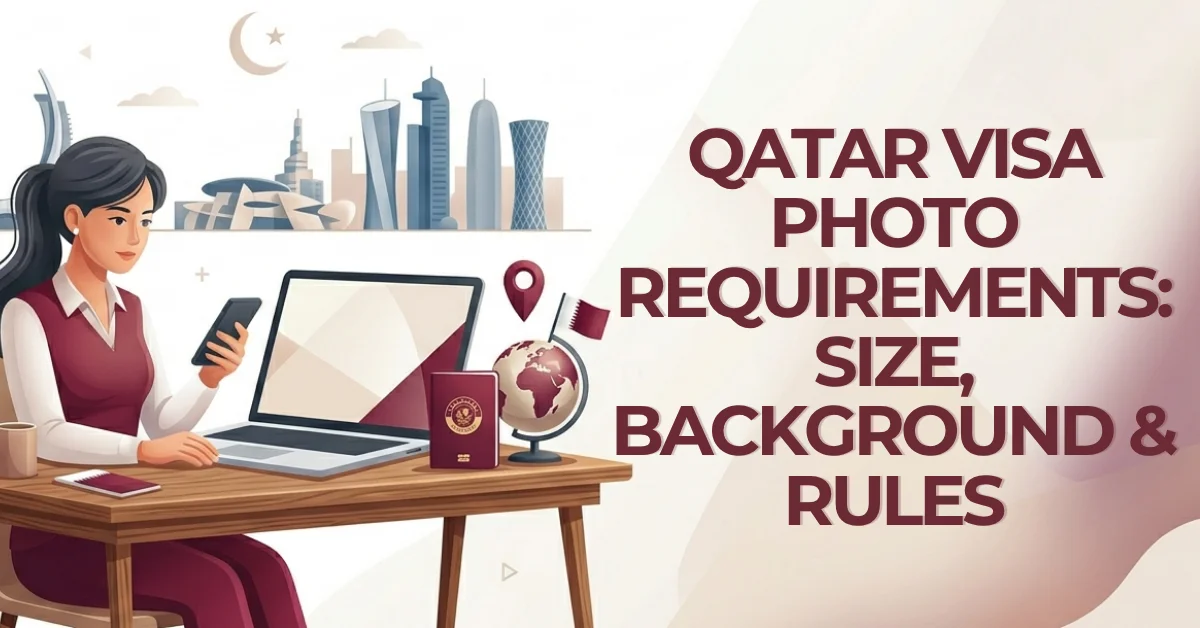 Woman working on a laptop to check Qatar visa photo requirements, purple graphic theme inspired by the Qatari flag