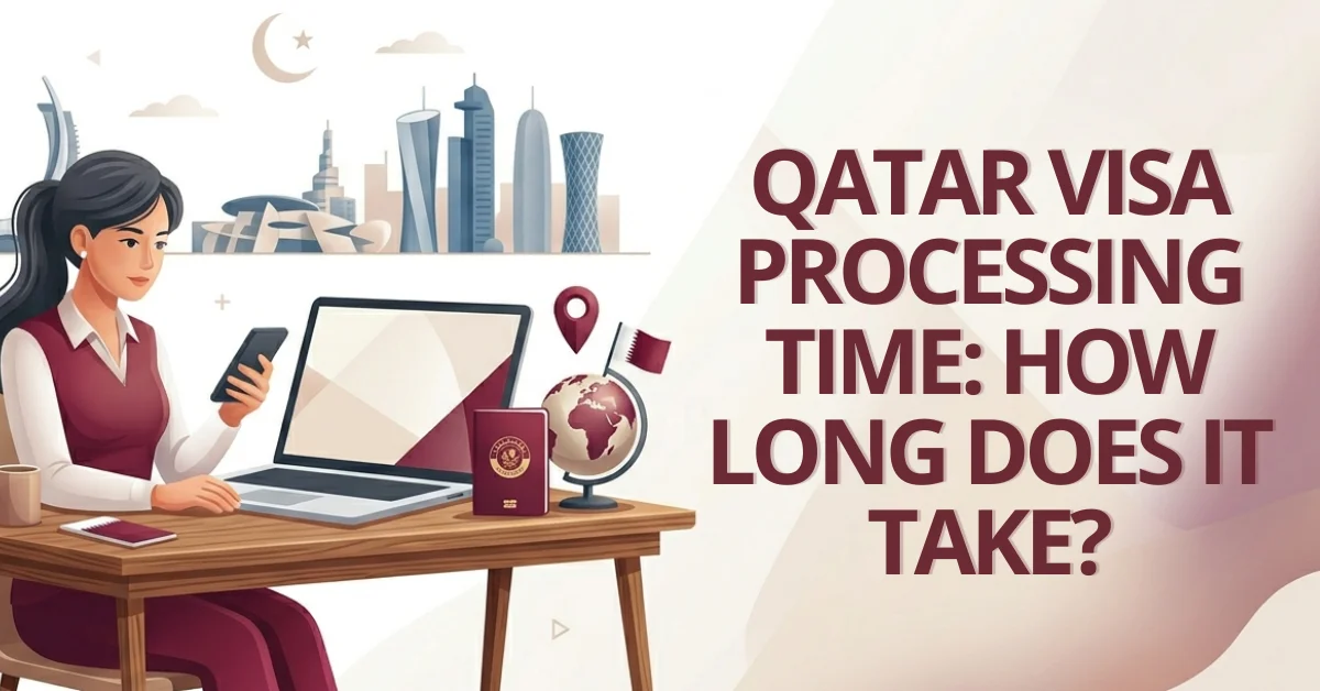 Woman checking Qatar visa processing time status on laptop with purple Qatari-themed graphics