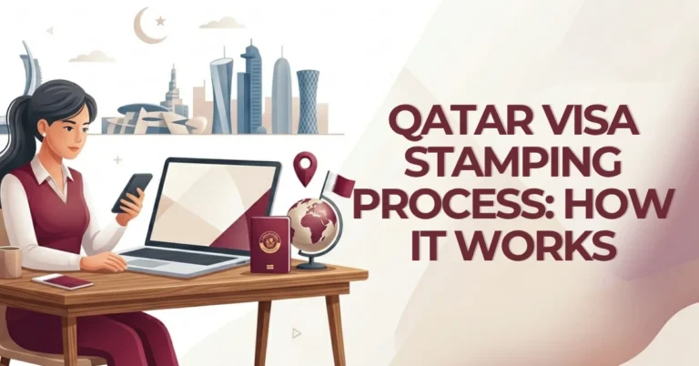 Woman working on a laptop researching the Qatar visa stamping process, purple graphic theme inspired by the Qatari flag