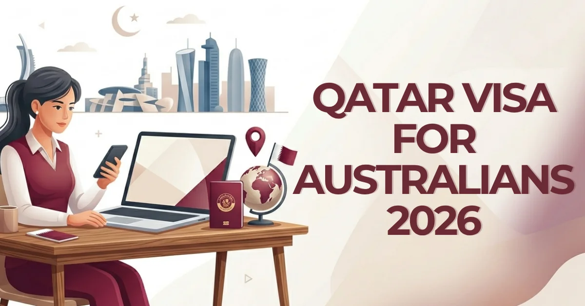 Woman on laptop researching Qatar visa for Australians 2026, purple graphic overlay with Qatar flag colors and travel icons