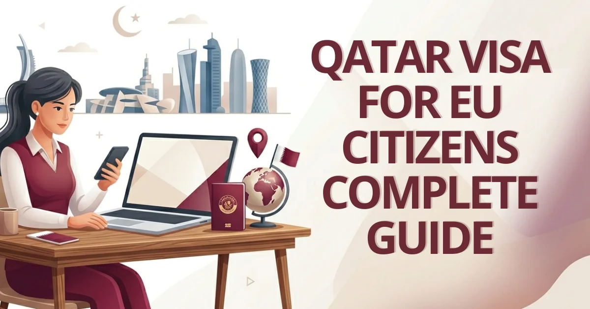Woman checking Qatar visa entry requirements for EU citizens on laptop with purple Qatari-themed graphics