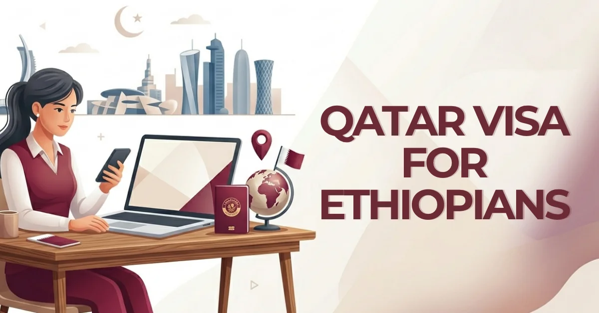 Woman applying for Qatar visa online on laptop, purple Qatar-flag themed graphic, Hayya e-visa application