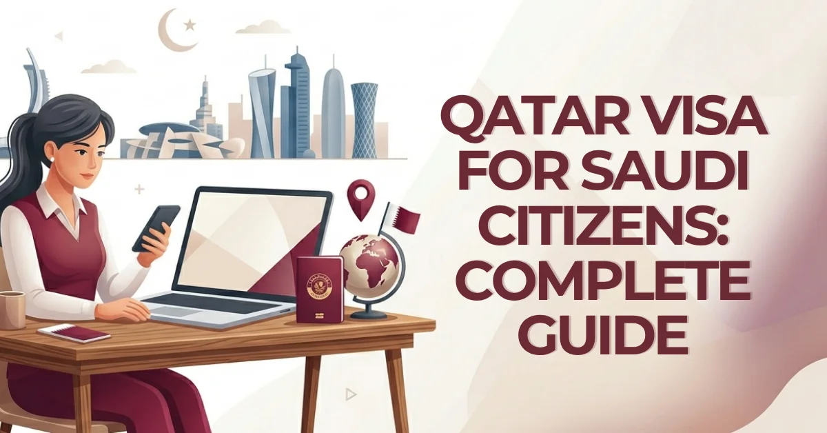 Woman working on a laptop researching Qatar visa rules for Saudi citizens, purple graphic theme inspired by the Qatari flag