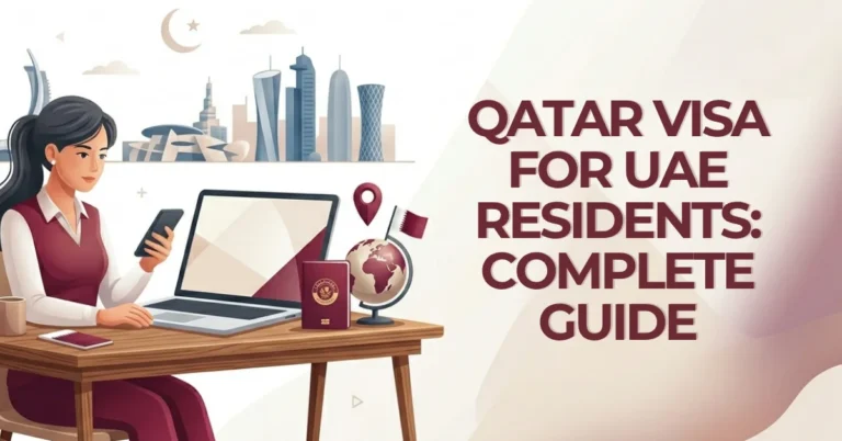 Woman working on a laptop researching Qatar visa options for UAE residents, purple graphic theme inspired by the Qatari flag