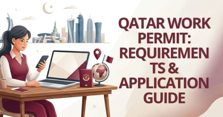 Woman working on laptop researching Qatar work permit 2026 requirements, purple graphic elements inspired by the Qatari flag