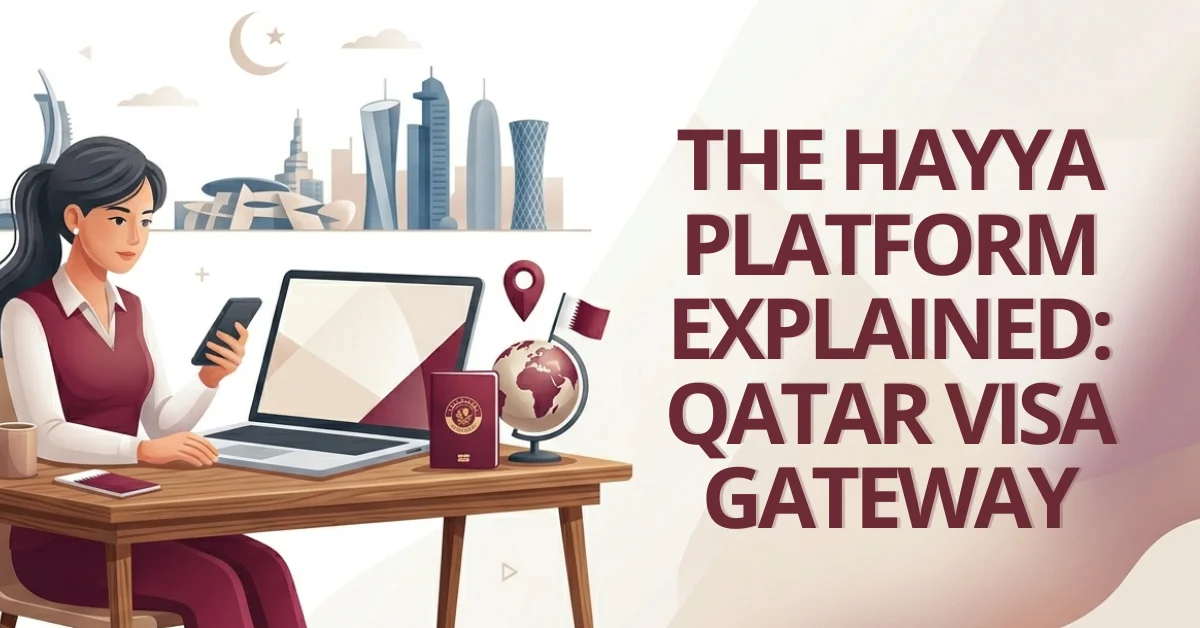 Woman on laptop applying for a Hayya visa on Qatar's digital gateway, purple Qatari-themed graphic